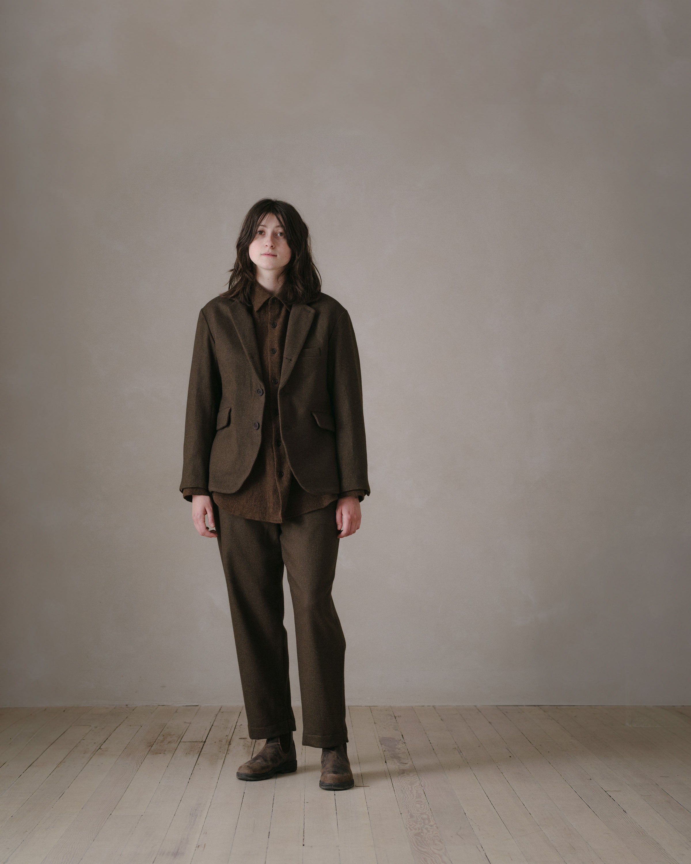 Three Button Jacket - Yarn Dyed Wool/Cotton Twill, Olive Melange