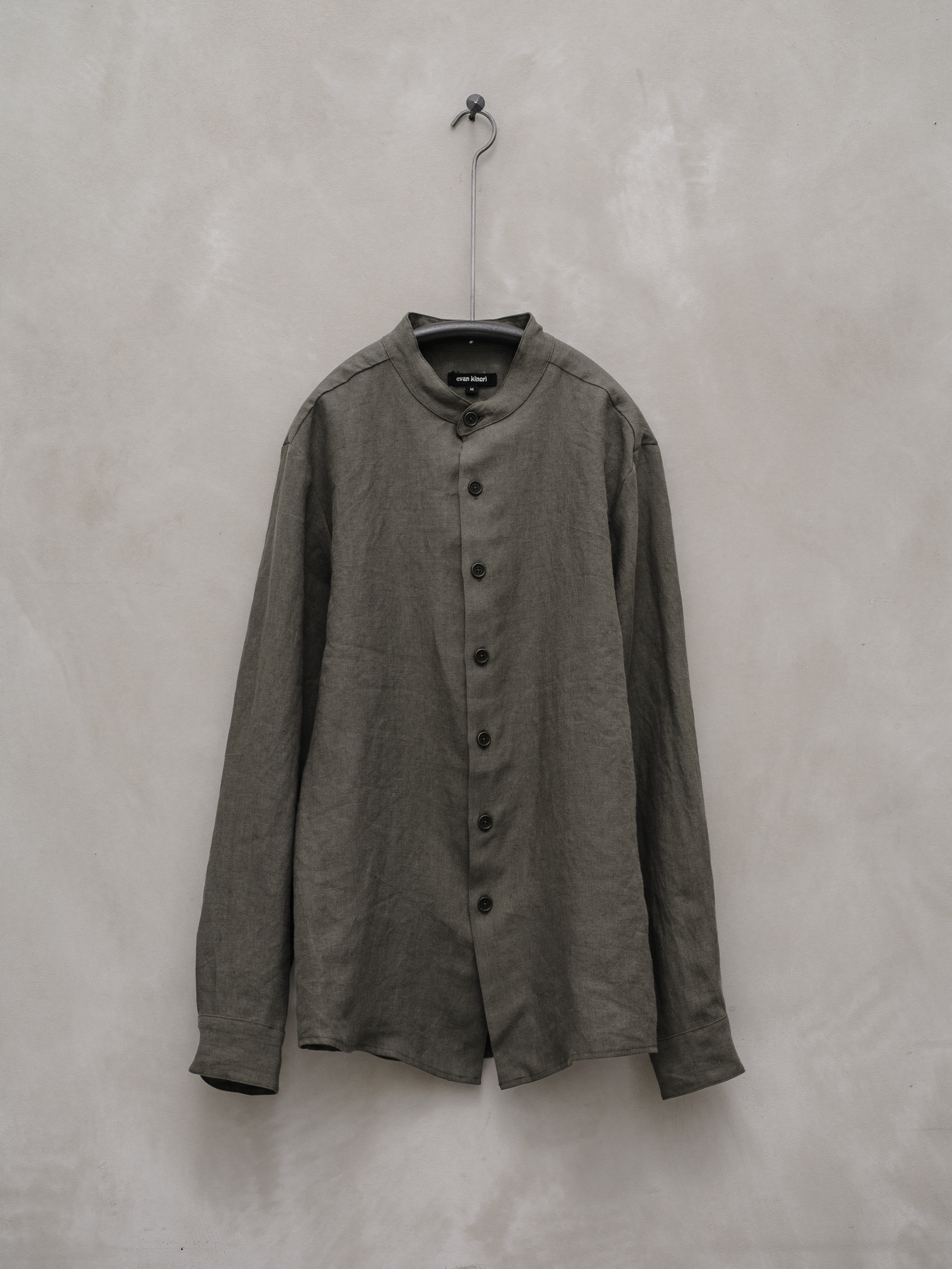 Band Collar Shirt - Tumbled Linen, Olive